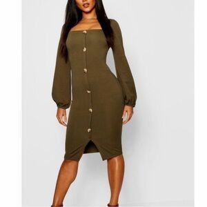 ASOS / Boohoo Khaki Button-Front Long Sleeve Dress – Casual Utility Style